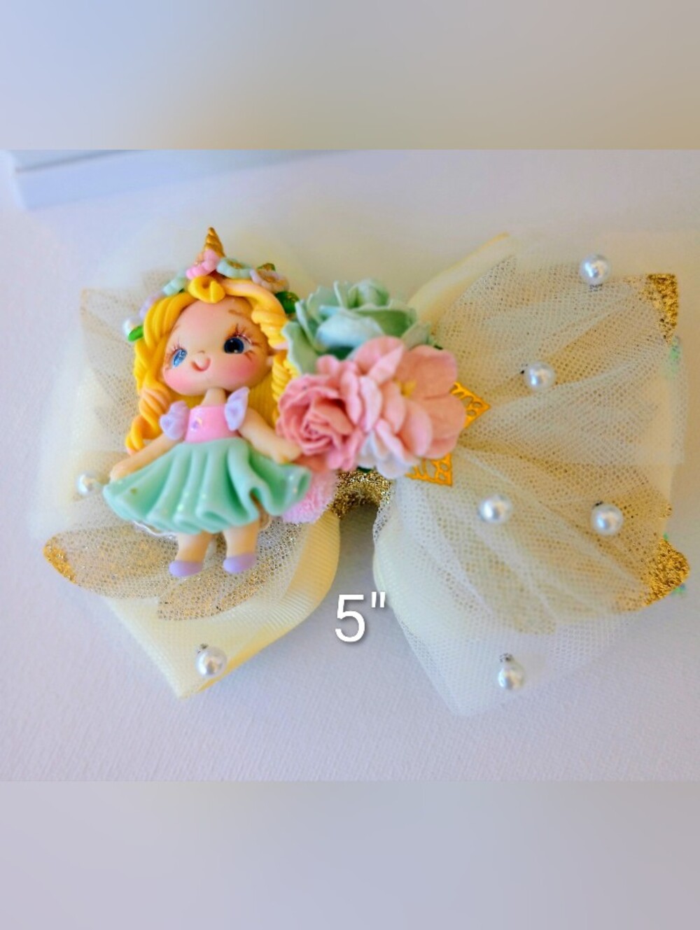 Handmade Cream Tulle Unicorn Doll Bow Hair Clip with Pastel Accents🎀✨ - Picture 6 of 7